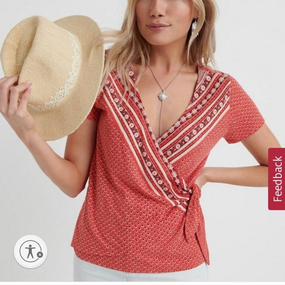Lucky Brand Coral/Salmon Side Tie Wrap Short Sleeve Blouse Size Small